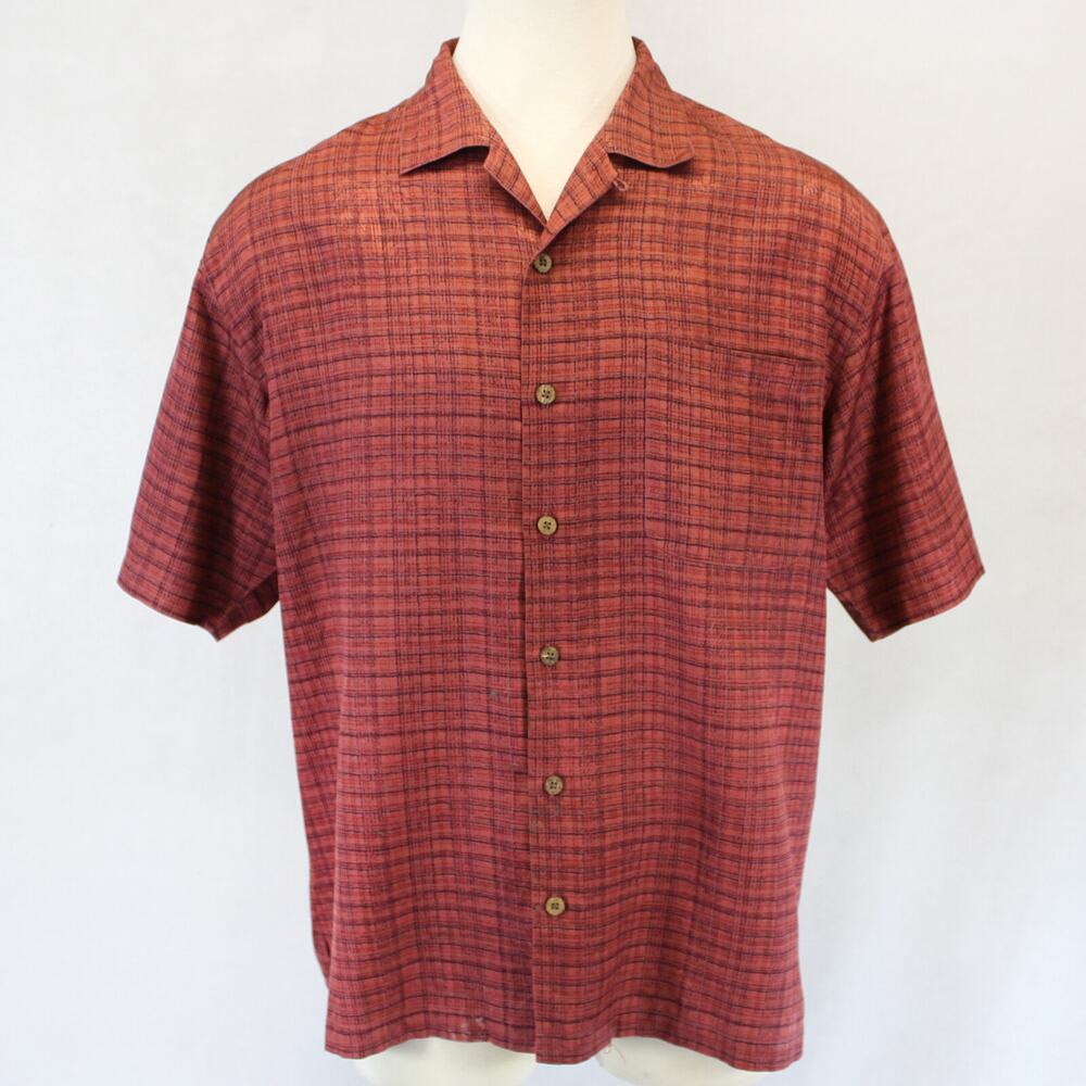Tommy Bahama 100% Silk Brick Red Short Sleeve Hawaiian Camp Shirt Large Damaged